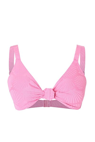 Trendyol Curve Top de bikini roz, cu textură de scoică, în formă de V adânc, ...