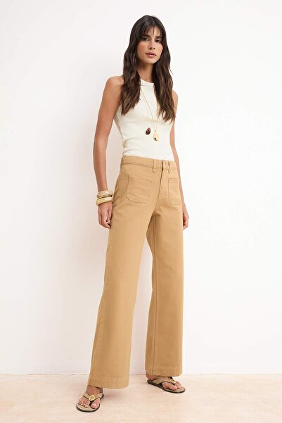 Trendyol Collection Kamelbraune High-Waist Wideleg-Jeans aus 100 % Baumwolle ...