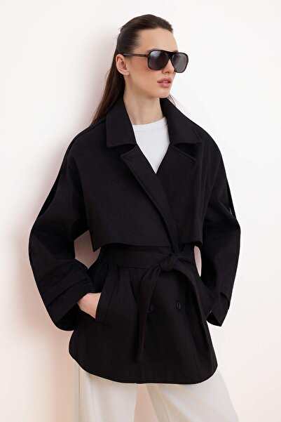 Trendyol Collection Μαύρο oversized Ζώνη τεμάχια διπλό πέτο Κλειστή Μίντι Καμ...