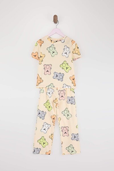 TRENDYOLKIDS Ecru Striped Teddy Bear Patterned Knitted Girls' Pajama Set Tkds...