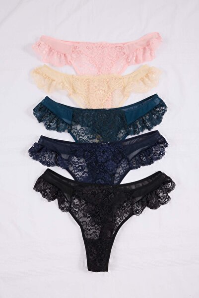 Trendyol Curve Albastru-Multicolor Pachet de 5 tul dantelă Tanga detaliată di...