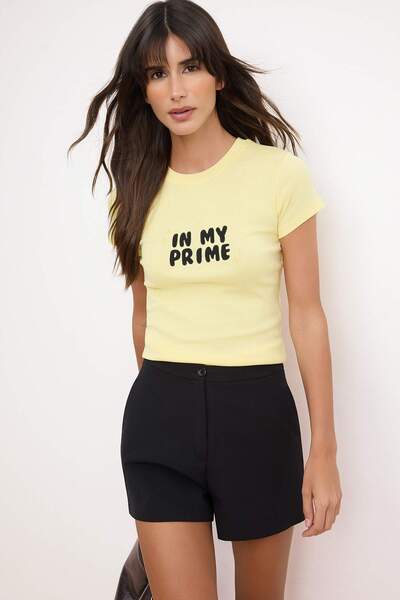 Συλλογή Trendyol Κίτρινο Κεντημένο Εφαρμοστό Κοντομάνικο Βαμβακερό Πλεκτό Μπλ...