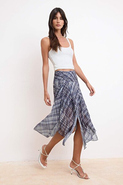 Trendyol Collection Blue Chiffon Plaid Li/ Checked Midi Asymmetrical Lined Sk...