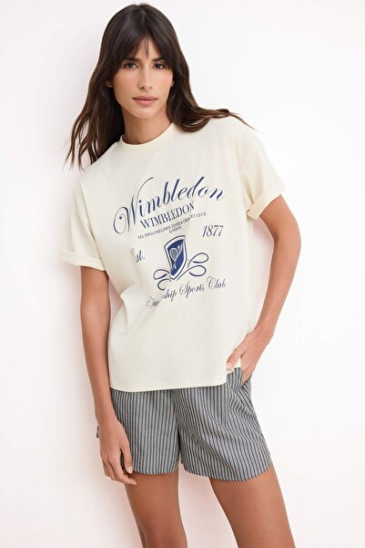 Trendyol Collection Stone Printed Oversize/Wide Fit Low Shoulder Short Sleeve...