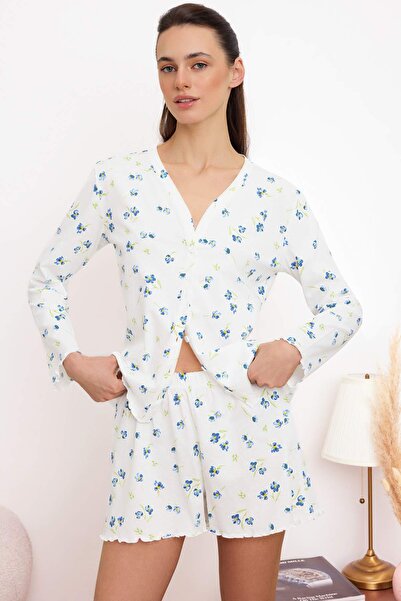 Συλλογή Trendyol Λευκό 100% βαμβακερό σετ πιτζάμες με φλοράλ σχέδιο, πλεκτό μ...
