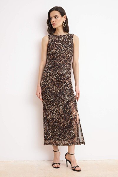 Trendyol Collection Πολύχρωμο Animal Bodycon Boat Neck Αμάνικο Πλεκτό Φόρεμα ...