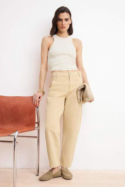 Trendyol Collection Bej detaliu la cusătură talie înaltă bumbac 100% Blugi Ba...