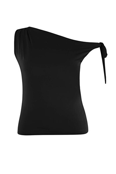 Trendyol Curve Bluză neagră cu guler asimetric și detaliu de legare elastic d...