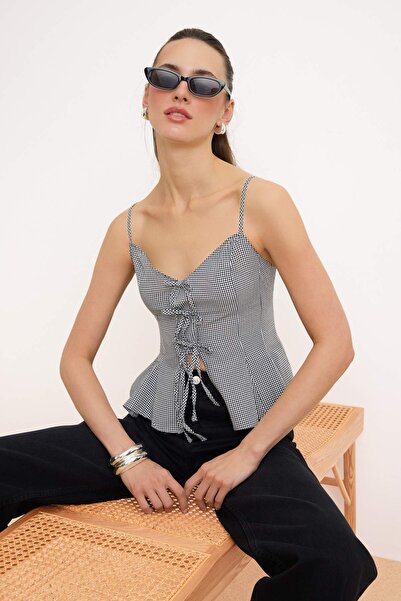 Trendyol Collection Black Godeli Woven Blouse with Front Tie Detail Twoss26Bz...