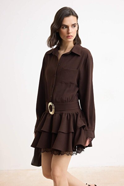 Trendyol Collection Brown Belt Li Lace Detailed Woven Shirt Collar Dress Twos...