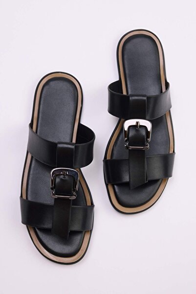 TRENDYOL SHOES Μαύρο γυναικείο διπλό λουράκι Παντόφλες TAKSS26TE00015