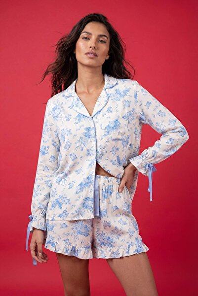 Trendyol Collection Blau-Mehrfarbiges, geblümtes, gewebtes Satin-Pyjama-Set T...