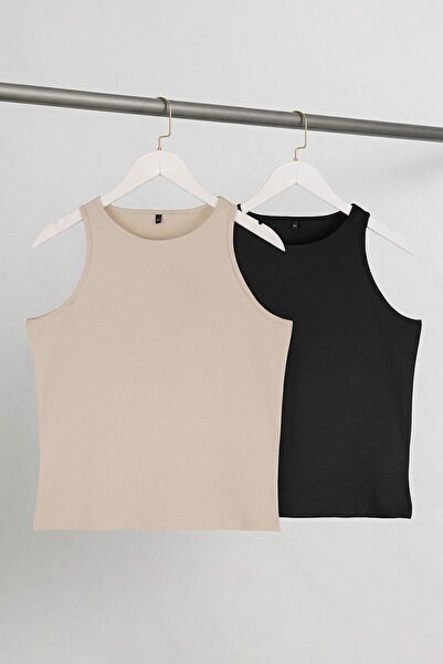 Trendyol Curve Black-Stone Cotton Pack Halter Neck Fitted/Fitted Knitted Unde...