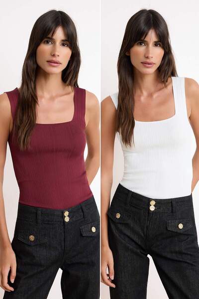 Trendyol Collection Ecru-Burgundy basic Pachet de două bluze subțiri din tric...