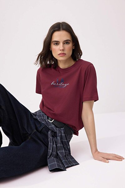 Trendyol Collection Βαμβακερό πλεκτό μπλουζάκι με κοντό μανίκι σε μπορντό χρώ...