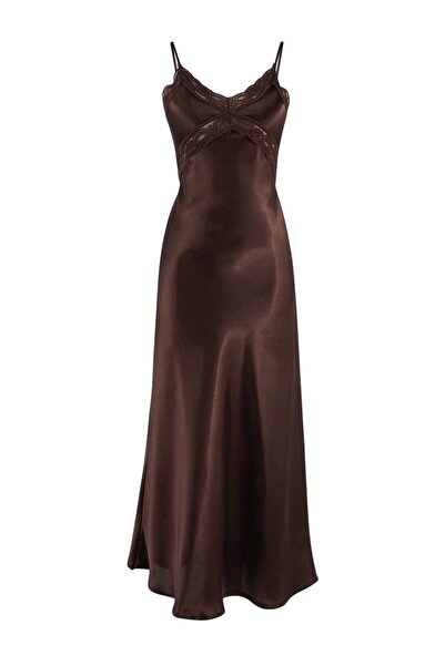 ترينديول كوليكشن قميص نوم بني دانتيل قطعة من الساتان مع تفاصيل الظهر أشرطة خي...