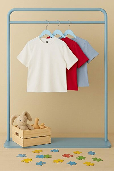 TRENDYOLKIDS Tricou tricotat simplu roșu-gri-ecru TKDSS25TS00021