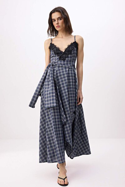 Trendyol Collection Navy Blue-Multicolor Plaid / Checkered Midi Woven Dress T...