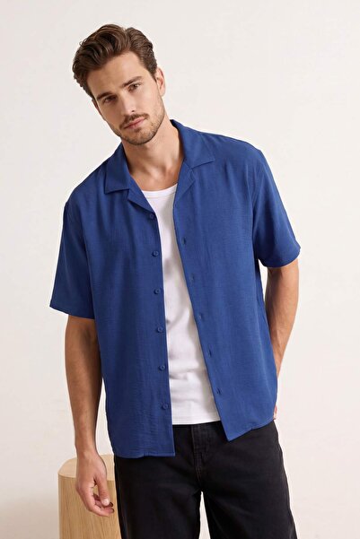 Trendyol Collection Indigo Oversize Fit letní plátěná košile s krátkým rukáve...