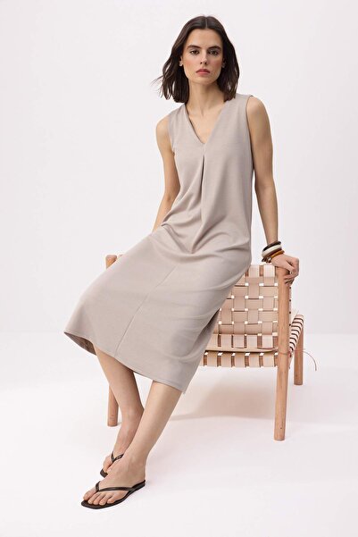 Trendyol Collection Stone Plain Shift V-Neck Sleeveless Midi Soft Touch Knitt...