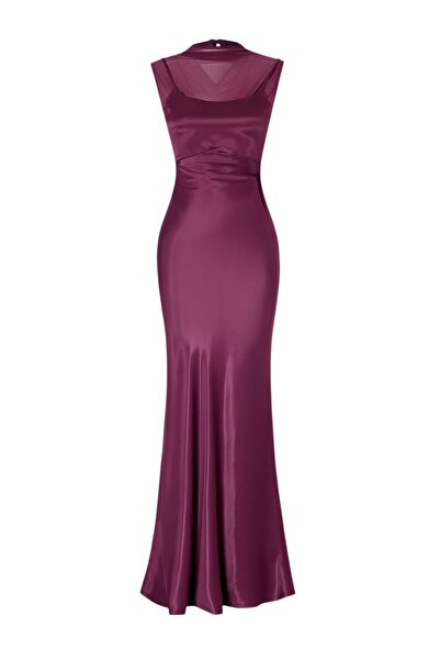 Trendyol Collection Plum Plain Satin Maxi Evening & Graduation Dress Tprss26A...