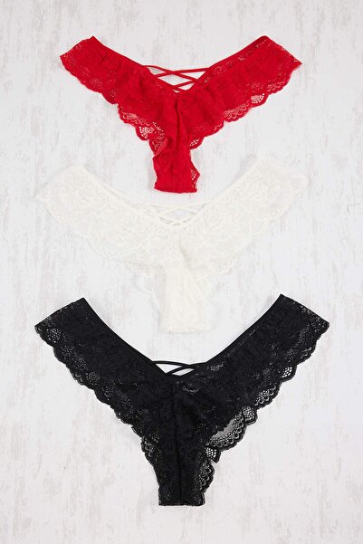 Trendyol Curve Μαύρο-Λευκό-Κόκκινο Σετ 3τμχ Δαντέλα Βραζιλιάνικα Πλεκτά Σλιπ ...