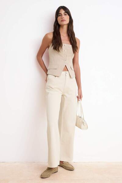 Trendyol Collection Μπεζ Ρευστή εφαρμογή Ψηλόμεσο 100% Βαμβάκι Τζιν με φαρδιά...