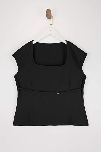 Trendyol Curve Black Belt Detailed Square Neck Interlock Knitted Plus Size Bl...