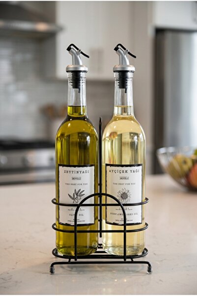 BÜYÜLÜ HOME Demir Stantlı 750 ml Ayçiçek Yağı & Zeytinyağı Cam Şişe Seti