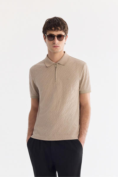 Avva Men's Mink Non-Curling Polo Collar Zippered Jacquard Regular Fit T-Shirt...