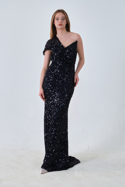 Feminist Tek Omuz Pul Payetli Straplez Abiye Lacivert 0801130