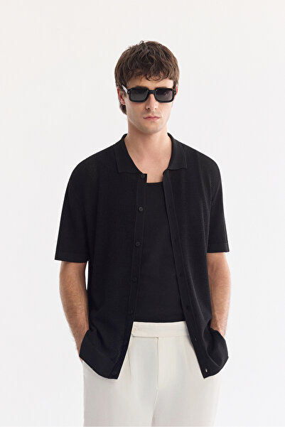 Avva Men's Black Polo Collar Front Buttoned Openwork Knitwear T-Shirts A61Y5017