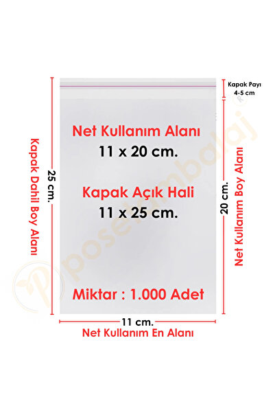 CarpCorn 11x20+5 Cm. (11*25) 1.000 Adet Şeffaf Bantlı Yapışkanlı Jelatin Poşet