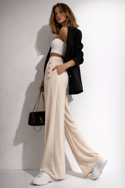 ribana Women's New Season Button Detailed Crepe Fabric Wide-Leg Trousers 4652