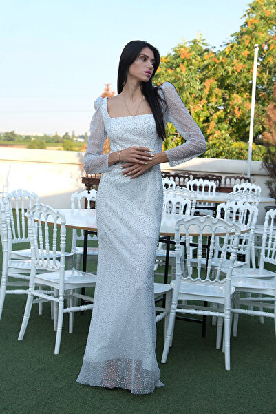 Feminist Taş İşlemeli Balık Abiye Elbise Beyaz 9705141