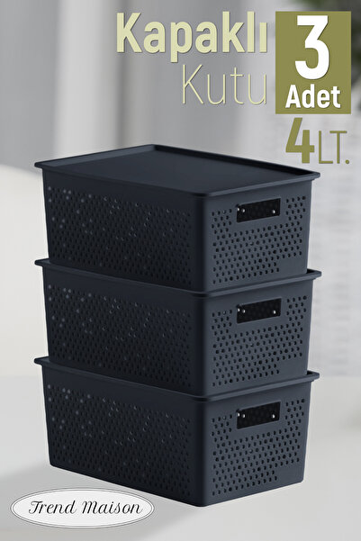 Trend Maison منظم متعدد الأغراض 4 لتر. صندوق تخزين بغطاء بلاستيكي 3 قطع أنثرا...