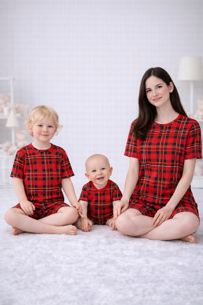 Drop Kids SET PIZAMĂ MAMĂ BEBĂ COMBINAT MODEL CAROȘĂ PANTALON SCURT (Vândut i...