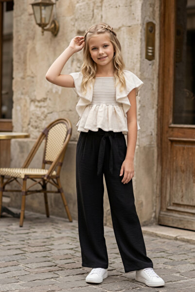 HÇ Hülya Çelik KİDSWEAR 2018 Комплект за момичета с блуза с волани в цвят екр...