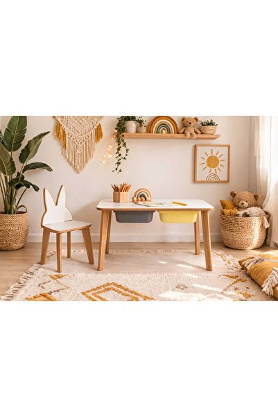 Asrimo mobilya Ahşap Çocuk Aktivite Masa Sandalye Takımı - Tavşan Figürlü, Ya...