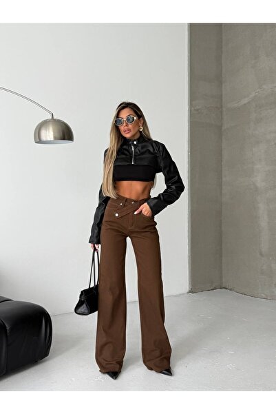 HerTon Ασύμμετρο τζιν παντελόνι με ψηλή μέση και φαρδιά μπατζάκια