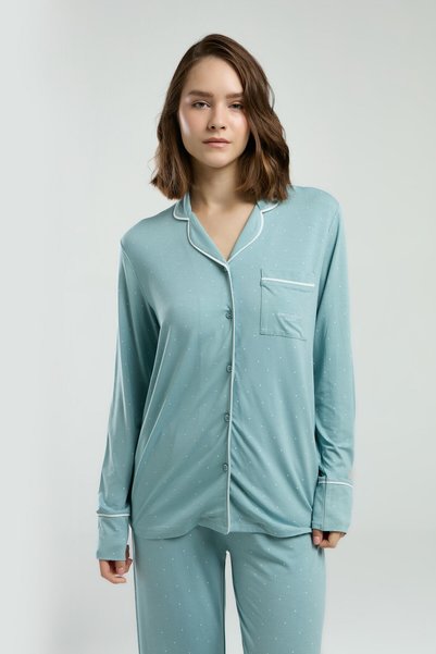 Pierre Cardin Cămașă de damă cu guler, imprimată cu pigment, de vară, croială normală, cămașă verde, costum de pijama PC8986-S-V1