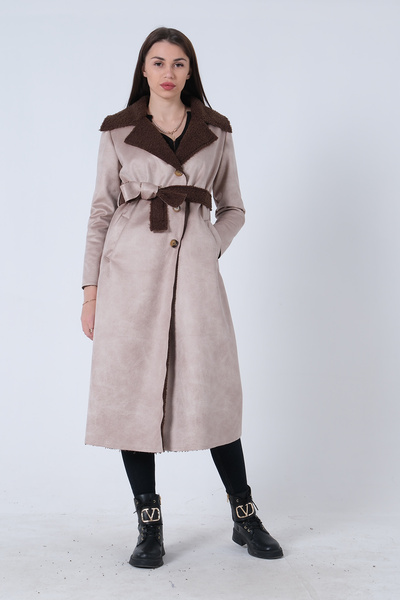 Feminist Süet Düğmeli Seyyar Kemerli Kaban Bej 0108087