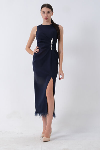 Feminist Rochie de seară cu detaliu de piatră în față, cu fantă și detaliu de...