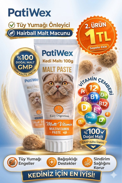 PATİWEX Kedi Malt Macunu 100g - Tüy Yumağı Önleyici Anti-Hairball & 12 Vitami...