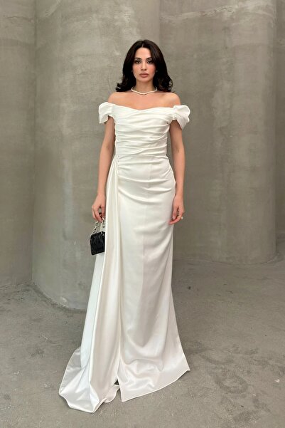 Feminist Drape Detaylı Saten Kumaş Abiye Elbise Ekru 9704858