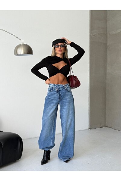 HerTon Γυναικείο τζιν με ψηλή μέση, ασύμμετρη μέση και φαρδιά μπατζάκια, από ...