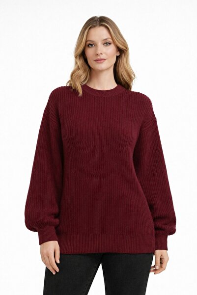 Kırlangıç Moda سترة تريكو نسائية بياقة دائرية من بوردو قصة فضفاضة