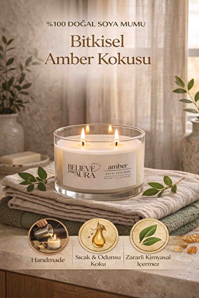 Believe Your Aura Amber Kokulu Mum - %100 Soya Mumu Aromaterapi Kase Mum - 12...