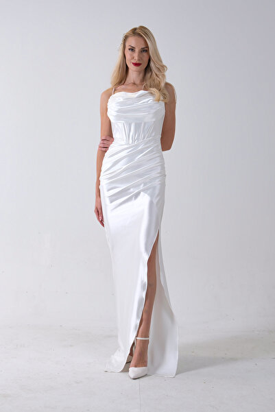 Feminist Sırtı Bağlamalı Yırtmaçlı Abiye Ekru 4522018