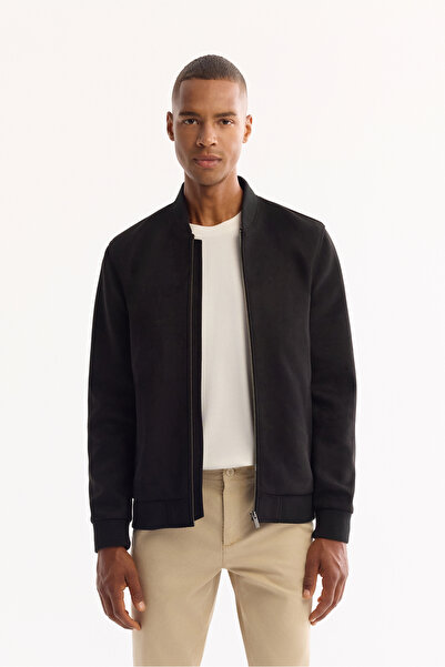 Avva معطف رجالي أسود بياقة بومبر من جلد الغزال ذو ملمس موسمي ومريح B006045